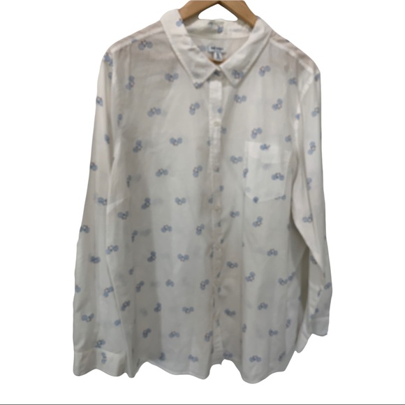Old Navy Tops - OLD NAVY WHITE FULL BUTTON UP LS BLOUSE WITH BLUE BICYCLE GRAPHIC DESIGN SZ XXL